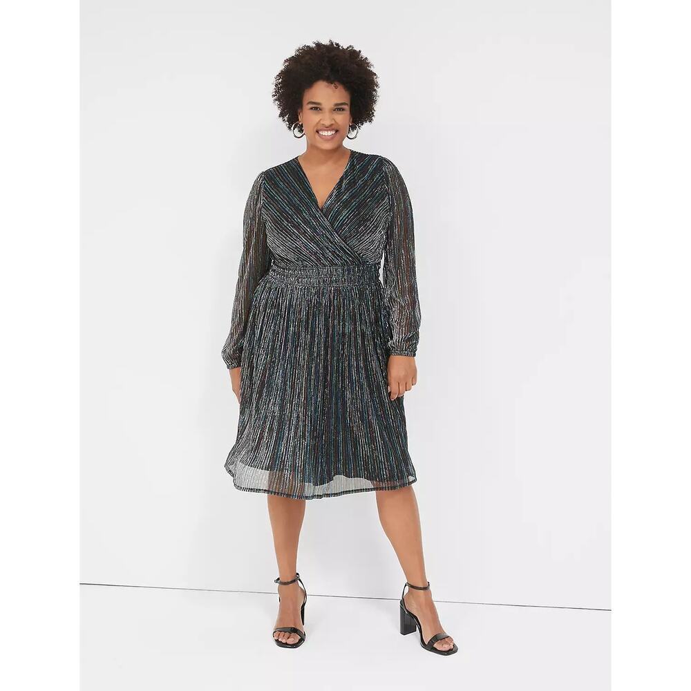 Lane Bryant sz 14/16 Lurex Blouson-Sleeve Crinkle Knit metallic midi Dress